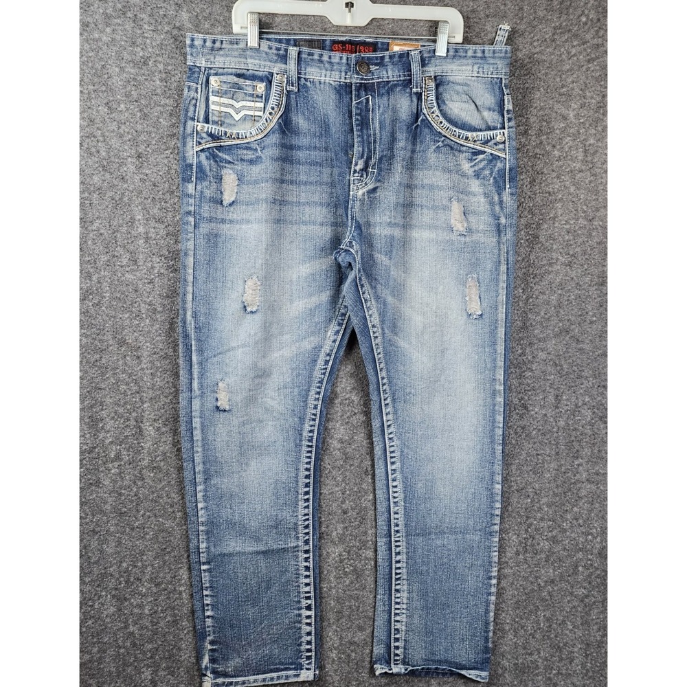 GS-115 Premium Jeans Mens 38 Blue‎ Distressed Thick Stitch Straight Leg